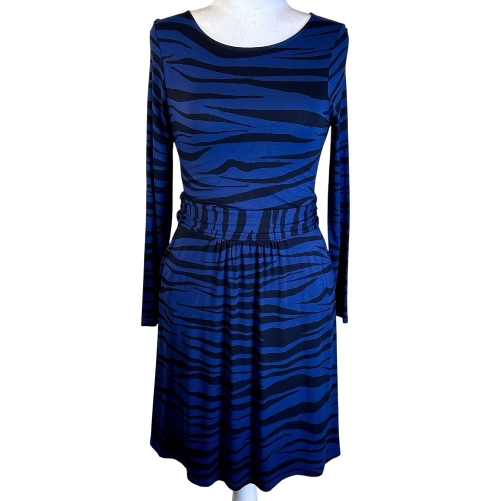 Boden Zebra Print Long Sleeve Dress in Blue and Black Size 8